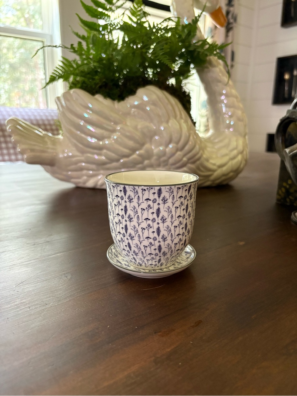 Chive Blue & White small Planter with Saucer featuring feathers